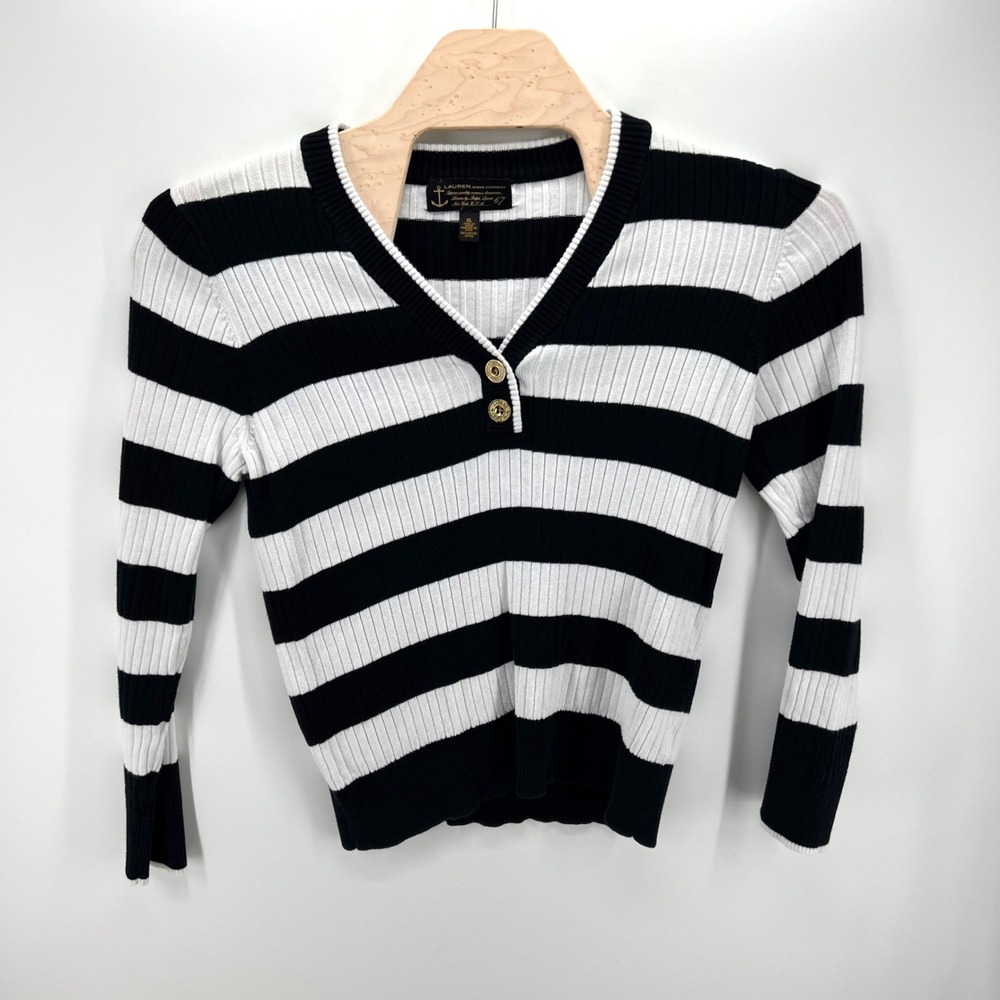 Lauren Ralph Lauren‎ Sweater Womens XL Black White Stripe Nautical Ribbed V-Neck